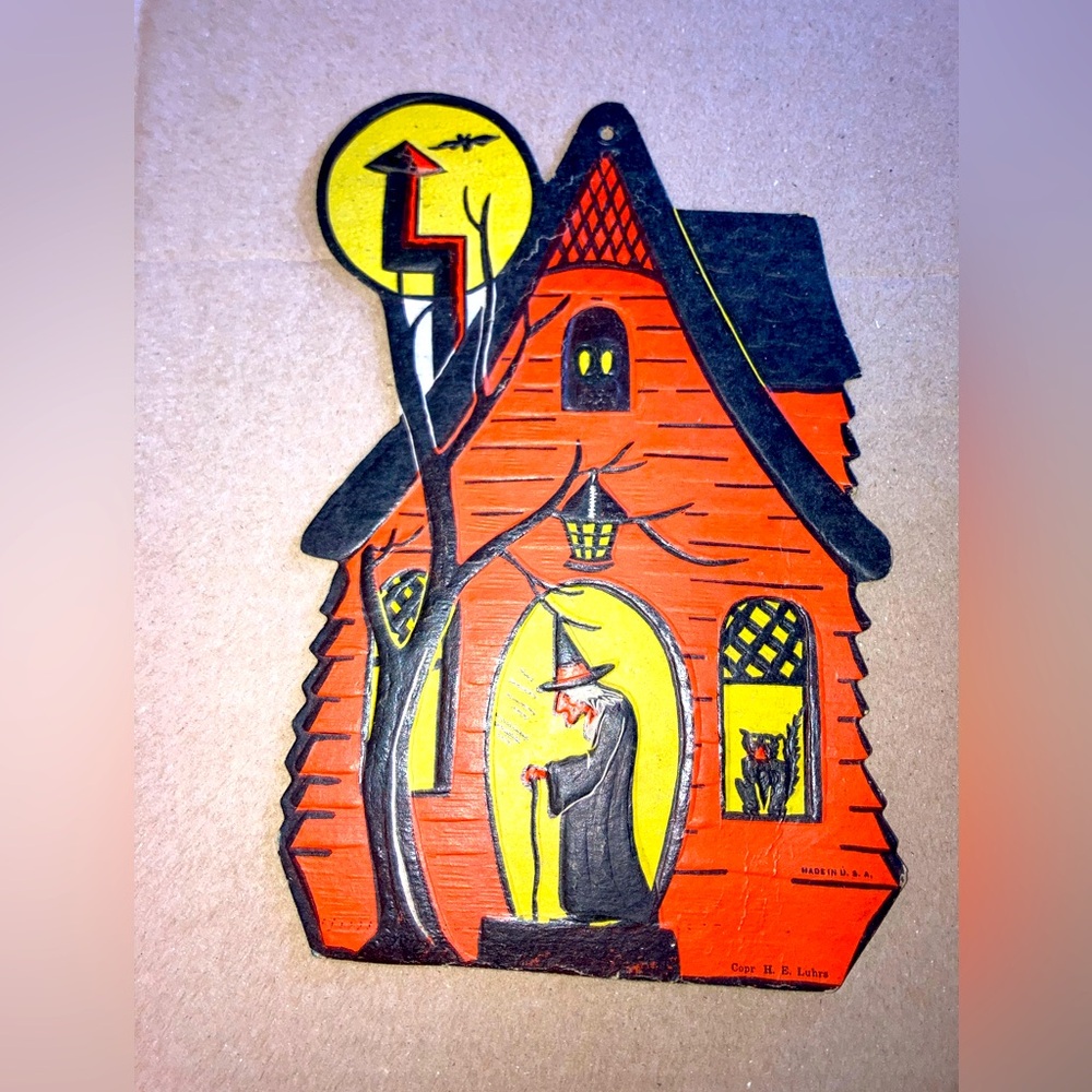 Very Old LE Luhrs Halloween Haunted House embossed die-cut with witch, black cat